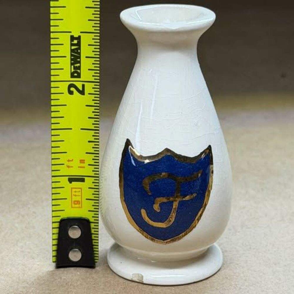 Vintage 1976 Ceramic Bud Vase – Blue & Gold Crest – Crackle Glaze